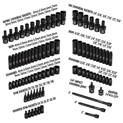 MIXPOWER 86PCS 1/4" Drive Master Impact Socket Set, Universal/Deep/Standard/Torx/Inverted Torx Socket, Impact Grade, Metric&SAE, 6 Point - size: 1/4" Drive