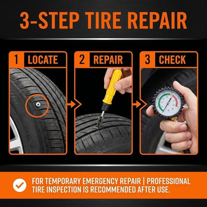 61PC Tire Plug Repair Screws Kit, Self-Tapping Rubber Nails with Screwdriver –Emergency Repair, Screw in Tire Plugs for Car, ATV, UTV, Motorcycle, Truck, Tractor