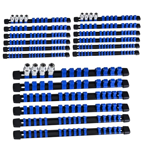 Socket Organizer Set 18PCS ABS Holder Kit - 1/4-Inch x 96, 3/8-Inch x 90, 1/2-Inch x 72 Clips - Drive Tray, Rail, Blue - color: Blue, size: 18PC 1/4x6,3/8x6,1/2x6