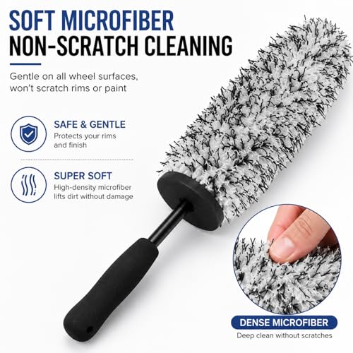 Long Handle Wheel Barrel Brush, Soft Microfiber Wheel Cleaner Brush, Non-Scratch Car Detailing Tool for Rim Cleaning and Tire Detailing (Black)