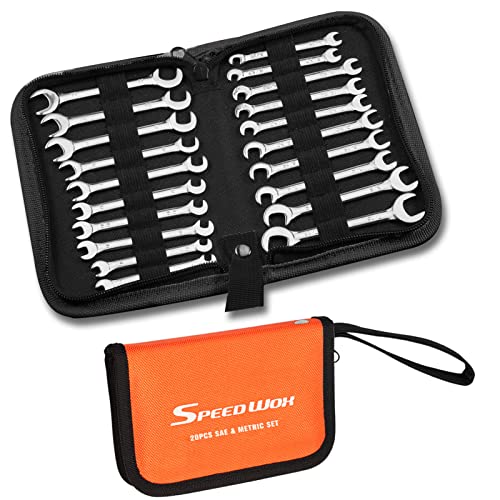 SPEEDWOX Mini Double Open End Wrench Set, 10-Piece Metric & SAE, Super-Thin Angled Heads, Made of Premium Carbon Steel, Includes Storage Pouch - size: Double Open End Metric & SAE 20-Piece