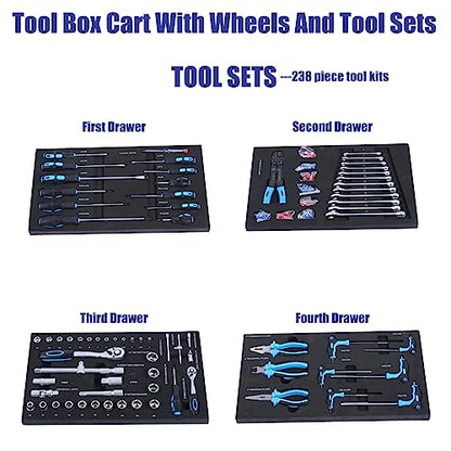 Tool Sets and 4 Drawers Tool Cart with Wheels,Rolling Tool Box Mechanic Tool Storage,Drawers Rolling Tool Case with 238 Piece Tool Kits for Workshop Maintenance,Garage,Repair Shop (Blue) - size: 233pcs - Blue