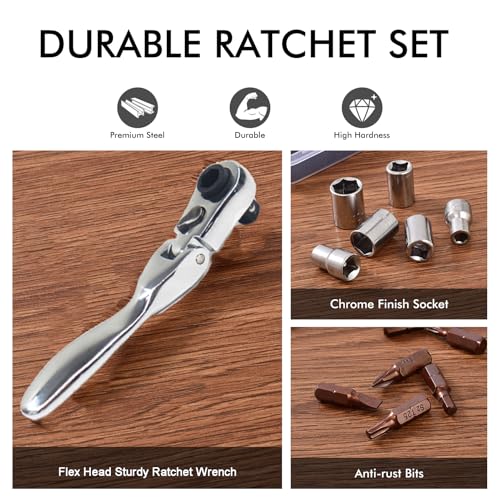 Mini ratchet screwdriver Set, Right Angle Screwdriver set with 1/4 Mini Flex Ratchet Wrench and Bits Sockets for Tight Spaces(Ratchet wrench with bits and socket)