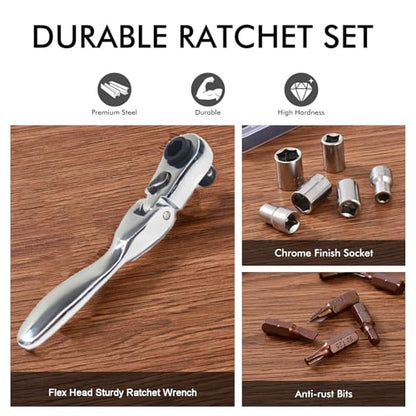 Mini ratchet screwdriver Set, Right Angle Screwdriver set with 1/4 Mini Flex Ratchet Wrench and Bits Sockets for Tight Spaces(Ratchet wrench with bits and socket)
