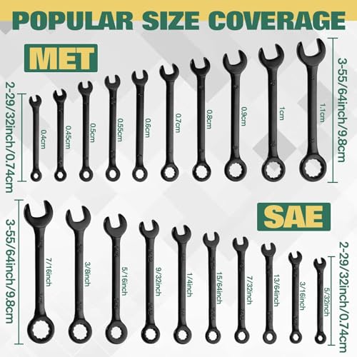20PCS Mini Wrench Set Standard Metric and SAE 4mm-11mm & 5/32"-7/16" Open End and Box End Combination Wrench Set Super with Storage Roll Pouch and Key Rings, Black Electrophoretic Coating - size: SAE&Metric Set B