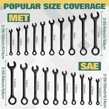 20PCS Mini Wrench Set Standard Metric and SAE 4mm-11mm & 5/32"-7/16" Open End and Box End Combination Wrench Set Super with Storage Roll Pouch and Key Rings, Black Electrophoretic Coating - size: SAE&Metric Set B