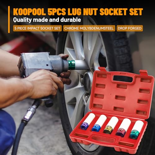 KOOPOOL 1/2" 5-Pc Lug Nut Socket Set 15-22mm Thin Wall w/Sleeve | 5-pc metric 15-22mm lug nut socket set. Non-scratch nylon sleeve. Cr-Mo steel, color electroplate. Thin wall, color-coded - color: Red