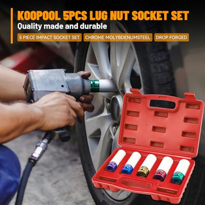 KOOPOOL 1/2" 5-Pc Lug Nut Socket Set 15-22mm Thin Wall w/Sleeve | 5-pc metric 15-22mm lug nut socket set. Non-scratch nylon sleeve. Cr-Mo steel, color electroplate. Thin wall, color-coded - color: Red