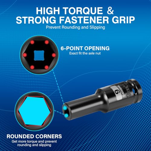 1/2 Inch Drive x 9mm Deep 6PT CR-MO Impact Socket for Removing Axle nut | Metric Socket,6-Point Radius Corner Design,Two Size Markings,Square Chamfered Opening,For Removal of Axle Nut - size: 9 mm, style: 1/2" Drive Deep Socket