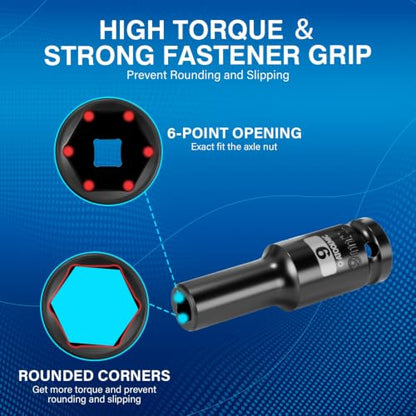 1/2 Inch Drive x 9mm Deep 6PT CR-MO Impact Socket for Removing Axle nut | Metric Socket,6-Point Radius Corner Design,Two Size Markings,Square Chamfered Opening,For Removal of Axle Nut - size: 9 mm, style: 1/2" Drive Deep Socket