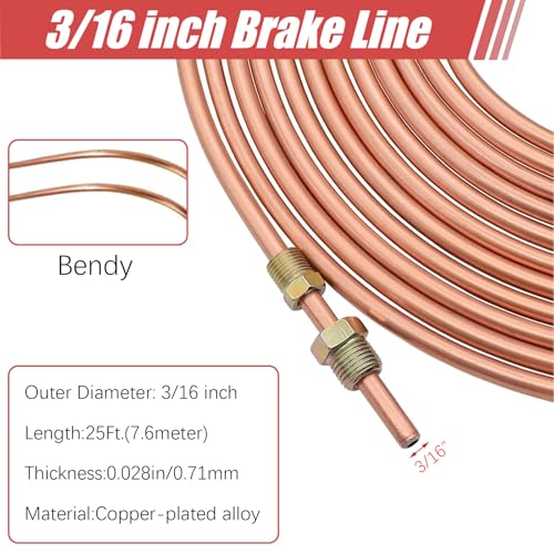 Copper Coated Brake Line 3/16 Coated Steel Brake Line Tubing Kit (3/16" x 25FT) with 16 Fittings & 4 Unions - size: 3/16 inch