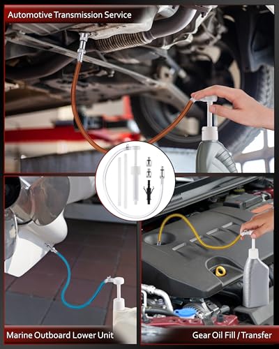 Lower Unit Gear Oil Pump for Standard Quart Bottles, 8cc Pump per Stroke, Transfer Gear Oil, Differential & Tramsmission Fluid, Hand Fluid Pump for 28mm bottle caps, 3 Metal & 3rd Adapters - color: White, Quart Pump