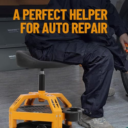 Heavy Duty Rolling Mechanic Stool with Wheels - Adjustable Height 23-30cm - 360° Swivel Padded Seat with Backrest - Double Mesh Frame, Tool Tray, Cup Holder - 330 lbs Capacity - Square Feet - size: with Cup Holder