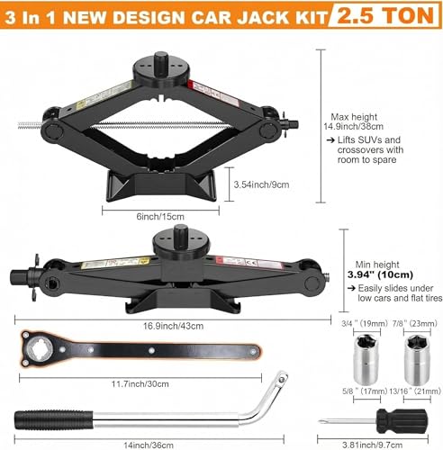 Emergency Car Jack Kit for Tesla Model Y/3/S/X, Sedan, SUV, MPV, 2.5 Ton/5512lbs Scissor Jack,180° Reversible Saddle,Tire Change Tool Kit – No Rubber Pad Needed,Car Repair Kit with Lug Wrench