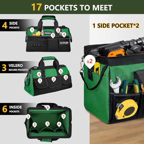 18 Inch Heavy Duty Tool Bag, Large Tool Organizer with 17 Pockets, Wide Mouth Tool Tote with Adjustable Shoulder Strap, Portable Storage Bag for Electricians, Mechanics, Contractors, DIY & Home Repair - size: 18"L x 9"W x 10"H