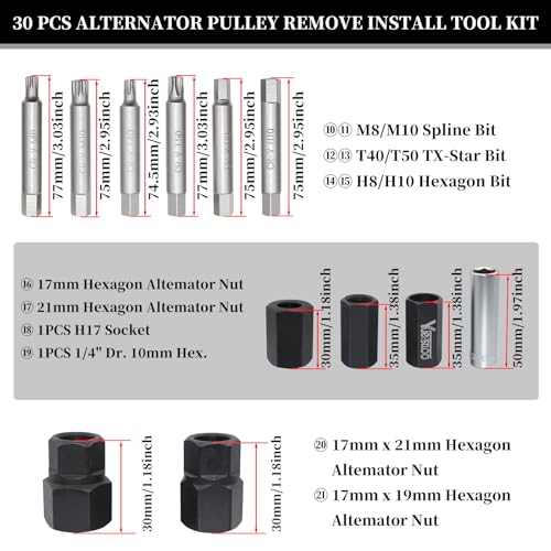 30PCS Alternator Pulley Remove Install & Alternator Decoupler Pulley Tool | Compatible with VW Audi Ford BMW Benz Volvo GM Toyota Buick Chevrolet, Clutch Freewheel Removal Socket Bit Set
