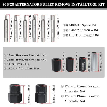 30PCS Alternator Pulley Remove Install & Alternator Decoupler Pulley Tool | Compatible with VW Audi Ford BMW Benz Volvo GM Toyota Buick Chevrolet, Clutch Freewheel Removal Socket Bit Set