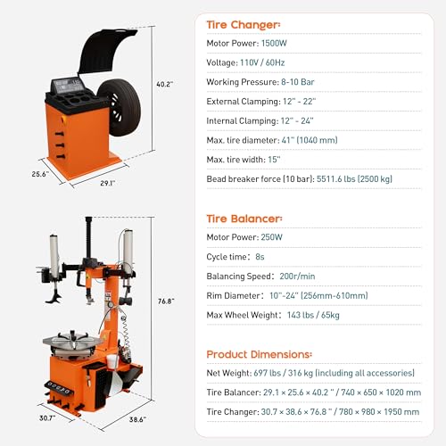 Albott 2HP Tire Changer with Assist Arm & Wheel Balancer for 12"–24" Rims | 12"–22" Outside Clamp, 12"–24" Inside Clamp, Tire Mounting and Wheel Balancing Equipment for Garages & Commercial Auto Shops - size: 12"–24" Dual Arm Combo