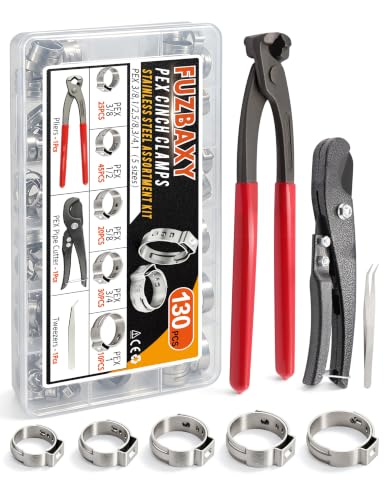 PEX Cinch Clamp Kit 130pcs, 304 SS Plier Set for Pipe Repair | Anti-Rust 304 SS Single Ear Clamps with Ratcheting Crimper. Fix Leaks Instantly for DIY Home Plumbing & Auto Repairs - color: Pex Clamp-130pcs