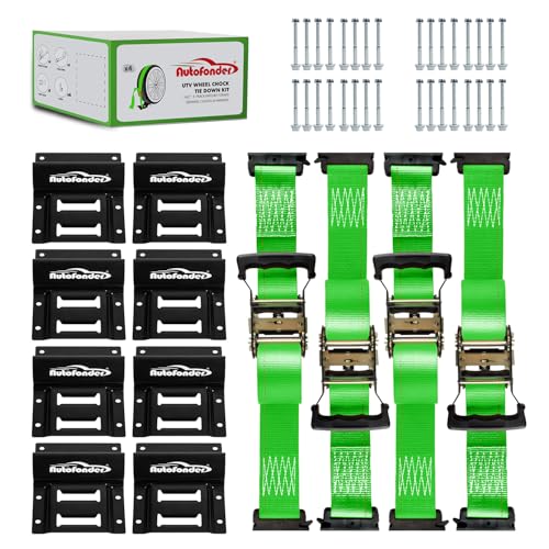 Wheel Chock Tie Down Kit Heavy Duty 4,500lbs Durable | 2"x9' E-track Straps,8 Steel Blocks,Bolt-on Brackets,Compatible with ATV UTV lawn mower trailers,Built for Rugged Use Green - color: Green