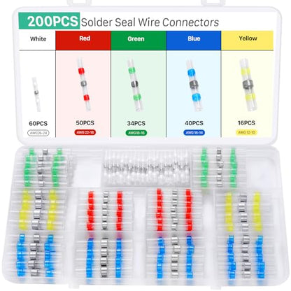 YNZDRWA 200PCS Solder Seal Wire Connectors Kit, Heat Shrink Butt Connectors | Waterproof Electrical Butt Splice Wire Terminals for Marine Automotive Trailer RV Boat Truck Wiring