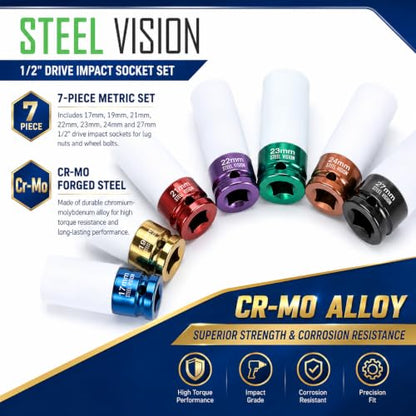 Steel Vision 1/2" Drive Lug Nut Impact Socket Set, 7 PC Metric 17, 19, 21, 22, 23, 24 & 27 mm，Cr-Mo Alloy Wheel Socket Set, Color-Coded Deep Lug Nut Impact Socket Set - color: 7pc Metric