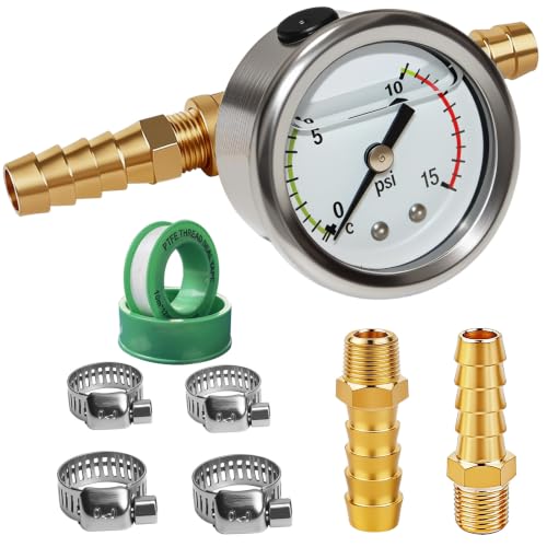 0-15Psi Fuel Pressure Test Kit, Fuel Pressure Gauge Kit, Glycerin Filled Fuel Pressure Regulator with Gauge for Car, 1/8'' NPT Inline Fuel Pressure Gauge with 3/8'' 5/16'' Barb, Back Mount