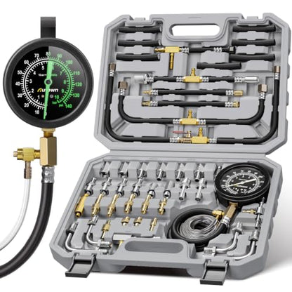 AUTOWN 45-Piece Pro Fuel Pressure Tester Kit, 0-140 PSI Fluorescent Glow Gauge, Complete Adapters for Gasoline Cars, Trucks & SUVs - size: 45PCS