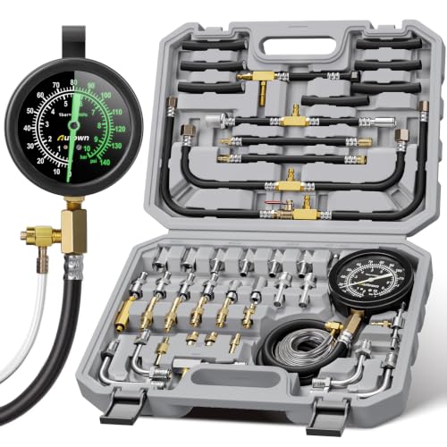 AUTOWN 45-Piece Pro Fuel Pressure Tester Kit, 0-140 PSI Fluorescent Glow Gauge, Complete Adapters for Gasoline Cars, Trucks & SUVs - size: 45PCS