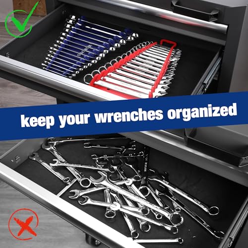 WORKPRO Magnetic Wrench Organizer, 15-Slot Gripper Wrench Holder | 2-Pack Wrench Rack for Tool Box, Fits SAE (1/4" to 1-1/16") and Metric (6mm to 27mm), Flexible Grips, Blue and Red - style: 15-Slots Wrench Organizer(2PC)