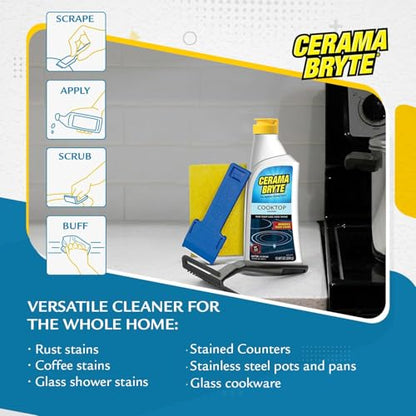 Cerama Bryte Complete Cooktop Cleaning Kit, 10 Cleaner Pads, 1 POW-R Grip Tool, 1 Scraper, and 1 Microfiber Cloth, 28 Fl Oz