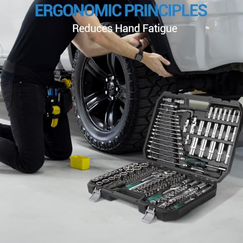 216 Piece Mechanics Tool Socket Set, Comprehensive Auto Repair Tool Kit with Ratchet Wrenches, Combination Wrenches, Screwdriver Bits, Storage Blow Mold Case for Car Motorcycle Household Maintenance
