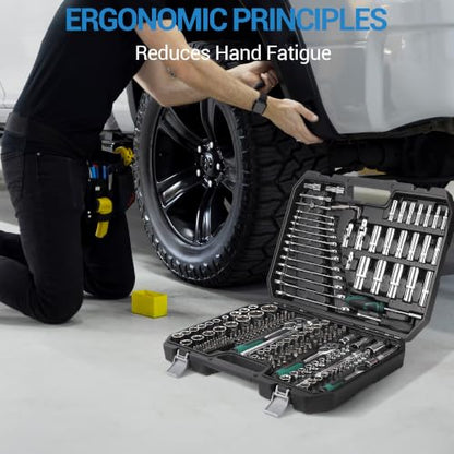 216 Piece Mechanics Tool Socket Set, Comprehensive Auto Repair Tool Kit with Ratchet Wrenches, Combination Wrenches, Screwdriver Bits, Storage Blow Mold Case for Car Motorcycle Household Maintenance