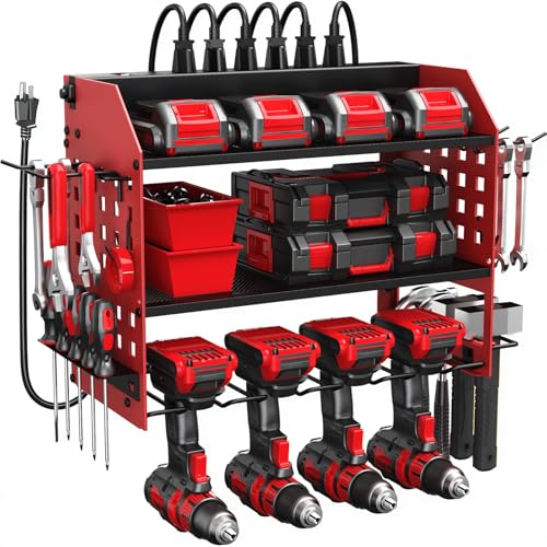 SPACECARE Power Tool Organizer with 6 Outlets, 3-Layer Heavy Duty Wall Mount Drill Storage Rack, Cordless Tool Charging Station with Utility Shelf, Garage Organization and Storage for Workshop- Red - style: 4 Drill Holders D