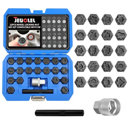 22PCS Wheel Locking Nut Key Kit Compatible with VW VAG Volkswagen | Wheel Lock Nut Socket Adapter Set, Anti-Theft Lug Removal Tool, Anti-Theft Screw Remover, Repair Tool, Tyre Fitting, garage - size: Kit 22 pieces