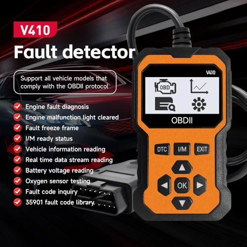 Professional OBD2 Scanner V410 & Car Diagnostic Tool – Auto Code Reader for All Vehicles, Engine Fault Code Reader Scan Tool with Live Data and Fix Suggestions Orange and Black
