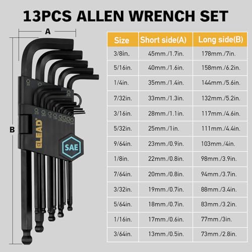 ELEAD 15-Piece SAE Hex Key Allen Wrench Set with Extension Bar, 3/64-3/8 Inch, Long Arm Ball End Design, Heat-Treated S2 Steel - style: 15PCS SAE