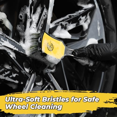 Wheel and Tire Brush Detailing Kit, Yellow | Soft Rim Brush & Stiff Tire Brush, Silicone Bumper Guard, Non-Slip Ergonomic Handle, For Alloy Wheels, Fenders, Mats - color: black yellow
