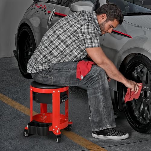 M-AUTO Rolling Workshop Mechanic Stool Creeper Seats with Tool Storage Drawers and Can Holders, 300LbS Garage Rolling Toolbox Stool with Wheels, Work Rolling Stools for Shop or Garage, Red
