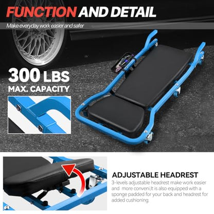 Mechanic Creeper, Low Profile Under Car Rolling Creeper with Padded Headrest and 3 Swivel Casters, 300Lbs Capacity, 42" L x 18" W, Blue