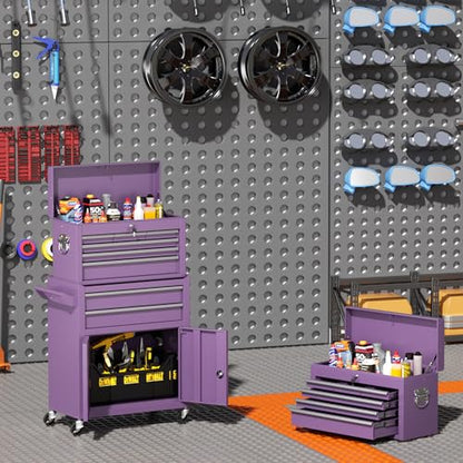 INTERGREAT Tool Chest, Assembled 8-Drawers Rolling Tool Chest with Wheels, Detachable Top Tool Box, Tool Cabinet for Repair Room,Warehouse, Rolling Tool Box with Hooks,Tray Divider,Liners(Purple) - color: Purple, size: 8 Drawers