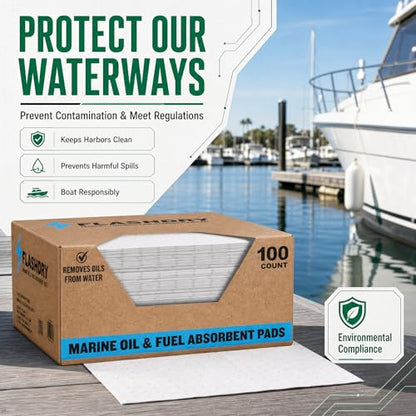 FLASHDRY Marine Oil Spill Absorbent Pads, 100-Count Oil Control Pads, 17.5" x 13.5" - Fuel, Diesel & Bilge Water Cleanup, Water-Repellent, Eco-Friendly, Tear-Resistant Hydrocarbon Absorption - size: 100 Pads - 2mm