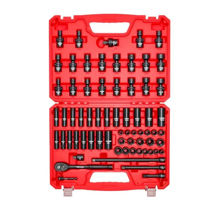 VEVOR Impact Socket Set 3/8" Drive, 67 PCS, CR-MO Swivel Sockets, SAE 5/16"-3/4" & Metric 8-19mm, 6 Point Shallow & Deep, Ratchet Handle, Extension Bars, Adapters, Universal Joint - style: 3/8" 67 PCS Swivel CR-MO