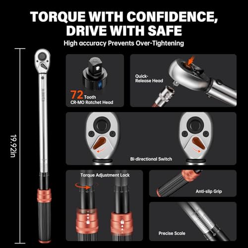 6-Piece 1-1/2" Drive Click Torque Wrench Set | 40-210Nm (±3% Accuracy), Includes CR-V Sockets (17/19/21/24mm) & 5" Extension Bar, 72-Tooth Ratchet, Master Torque Wrench Kit - size: 6pcs 1/2"