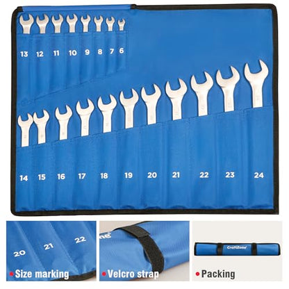 19-Piece Combination Wrench Sets CR-V Metric Wrench Set 6-24mm Box and Open End Wrench Set 12-Point with Rolling Pouch Industrial for Workshop Outdoor Diy Repair