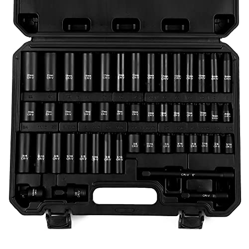 Reniteco 48-Piece 3/8" Drive Socket Set, SAE (5/16"-3/4") & Metric (8mm-22mm), Deep & Shallow Sockets, Extension Bars, 1/2" F to 3/8" M Reducer, Universal Joint, 6 Point Design - size: 3/8" 48 PCS SAE & Metric