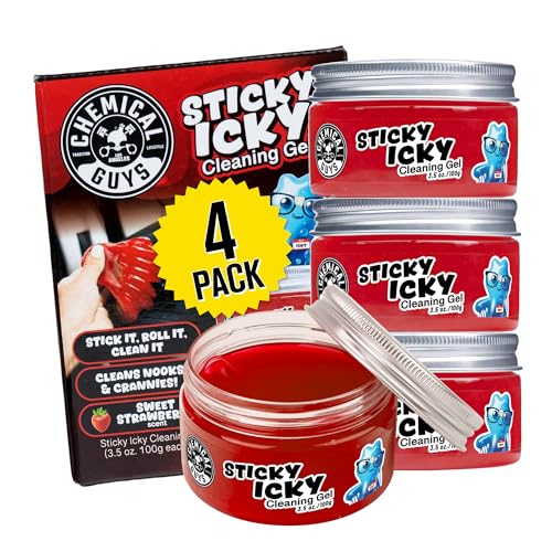 Chemical Guys, Sticky Icky Cleaning Gel, Sweet Strawberry, 0.88 oz, 4 Pack | Reusable gel presses into vents, cup holders and crevices to lift dust and crumbs, sweet strawberry, four pack - size: 3.5 Ounce (Pack of 4), style: Strawberry