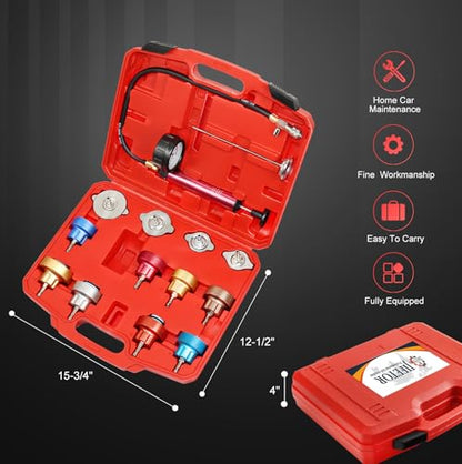 JIFETOR 14PCS Radiator Pressure Tester Tool Kit with Aluminium Pump and Metal Adapters, Red - color: Red Case