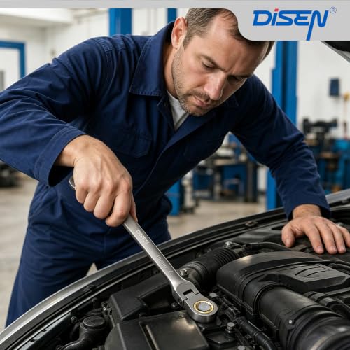 DISEN 24pcs 90-Teeth Ratchet Wrenches Set, Flex Head Ratcheting Wrench Set Metric 8MM-19MM and SAE Wrenches 1/4 Inch-3/4 Inch, Nickel Plating Cr-V Constructed with Organizer Rack