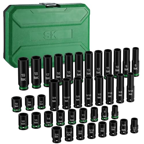 SK 3/8" Drive Impact Socket Set, 40-Piece Metric & SAE Sockets, CR-MO Steel | Metric 8 to 19mm, SAE 5/16" to 3/4", SureGrip 6 Point Design, With Storage Case - size: 3/8"-40PCS